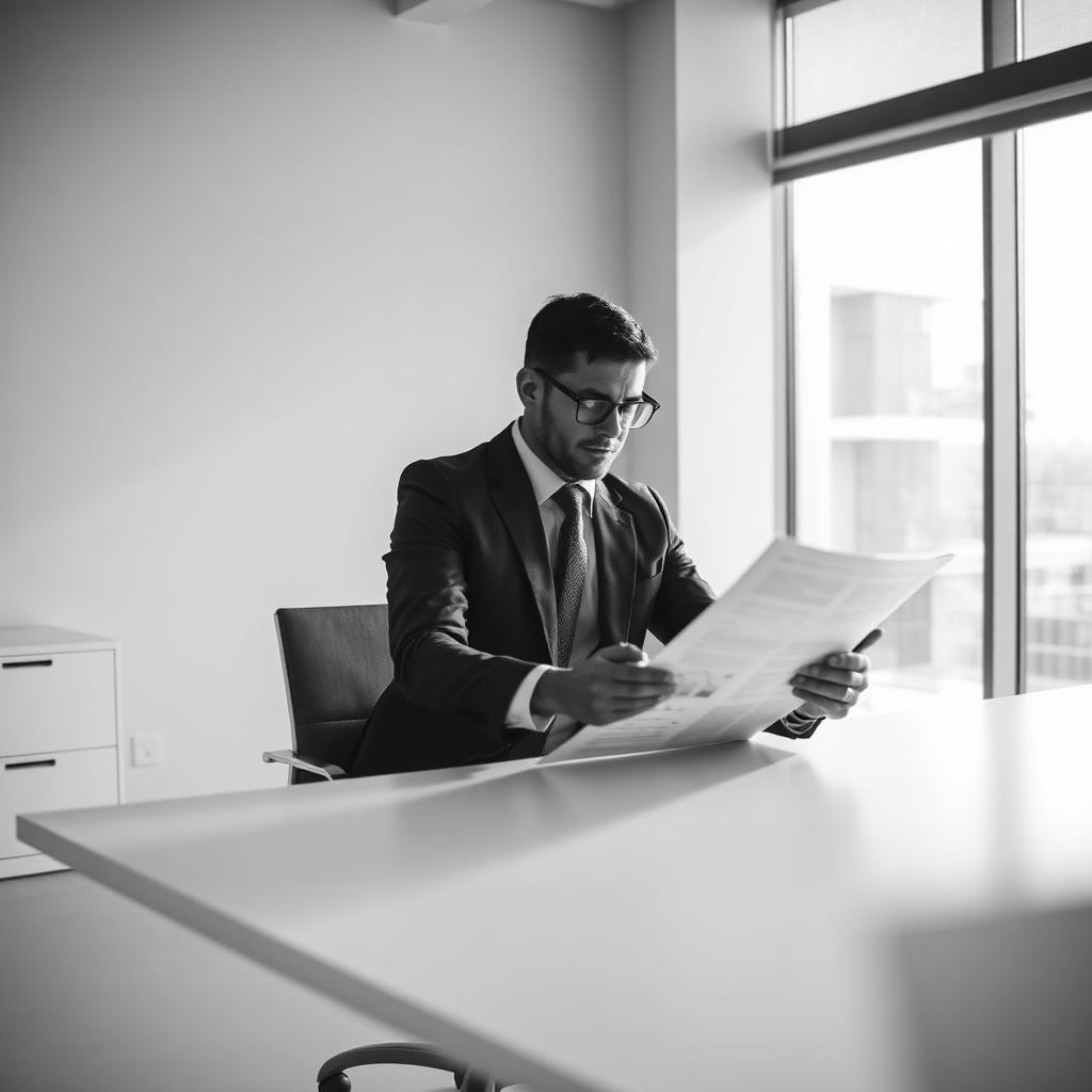 Businessman in a modern office reviewing a report