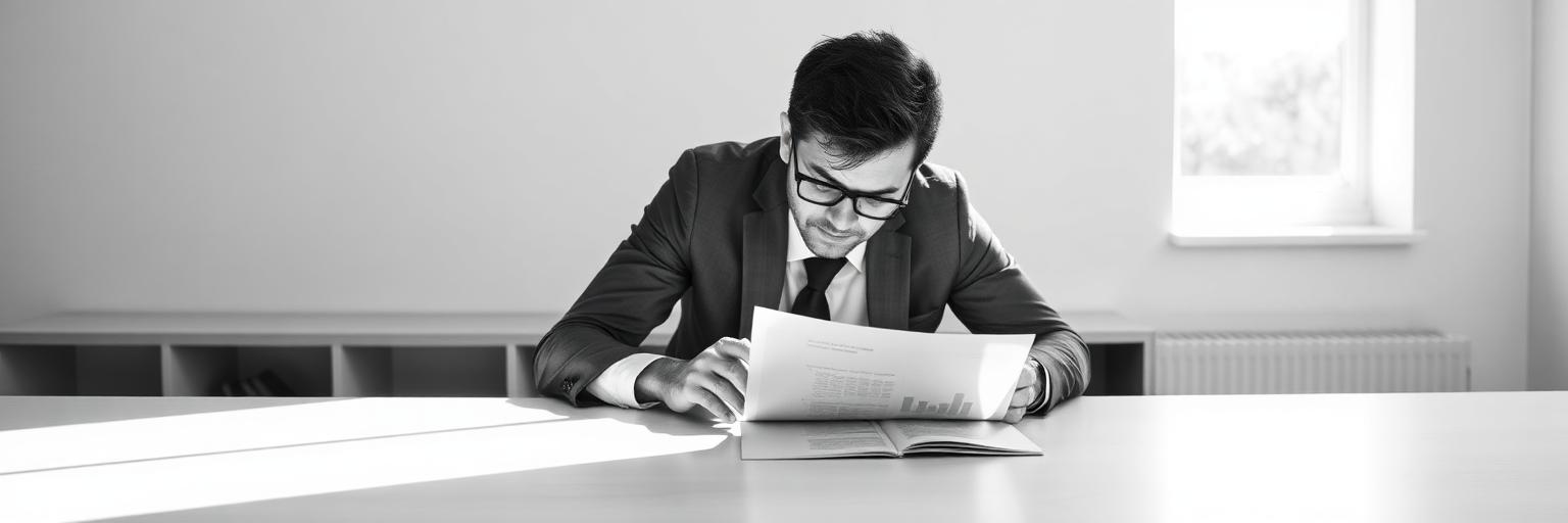 Professional studying a document at a desk