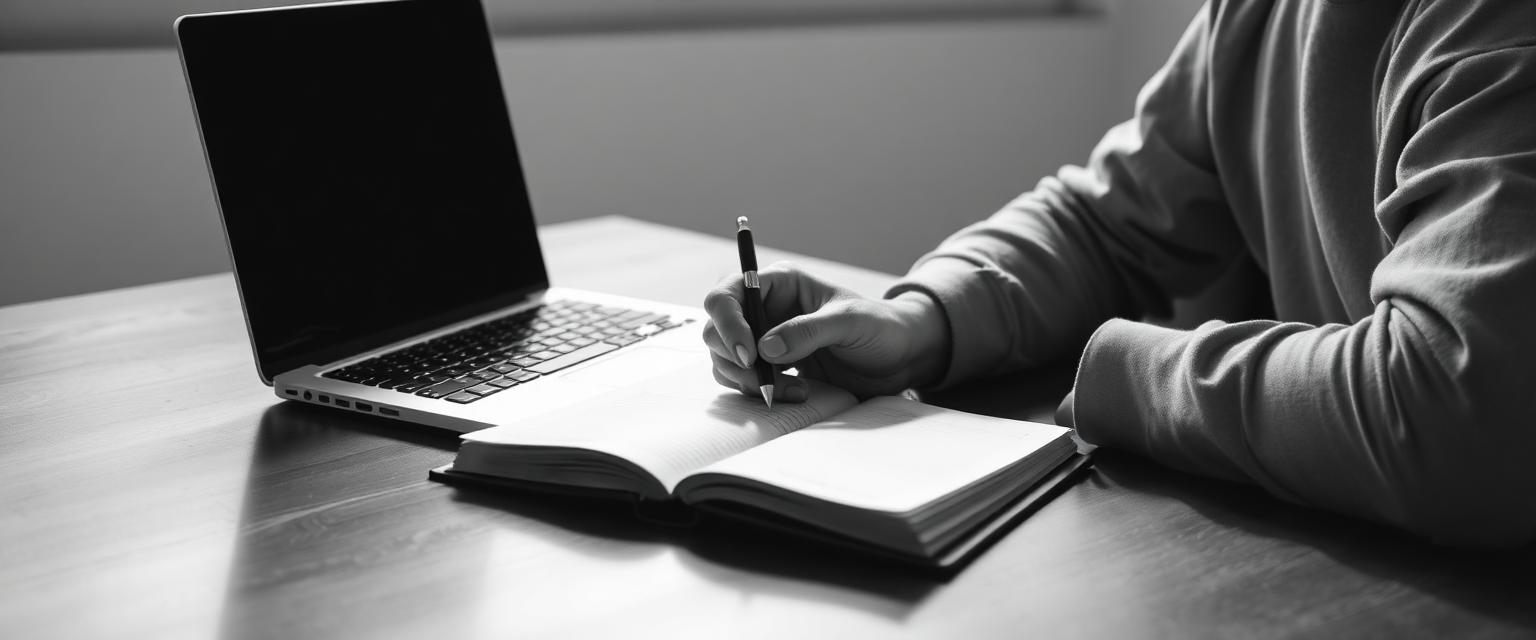 Person studying with a laptop and notebook