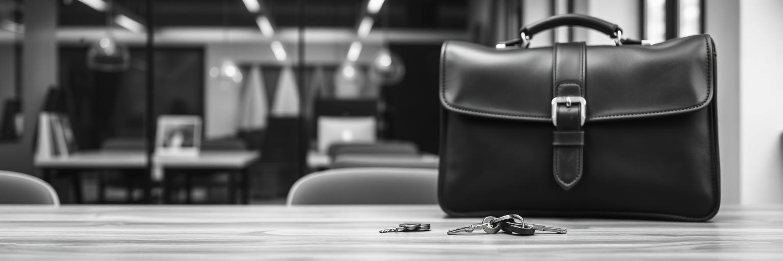Leather briefcase and keys on a desk in a modern office