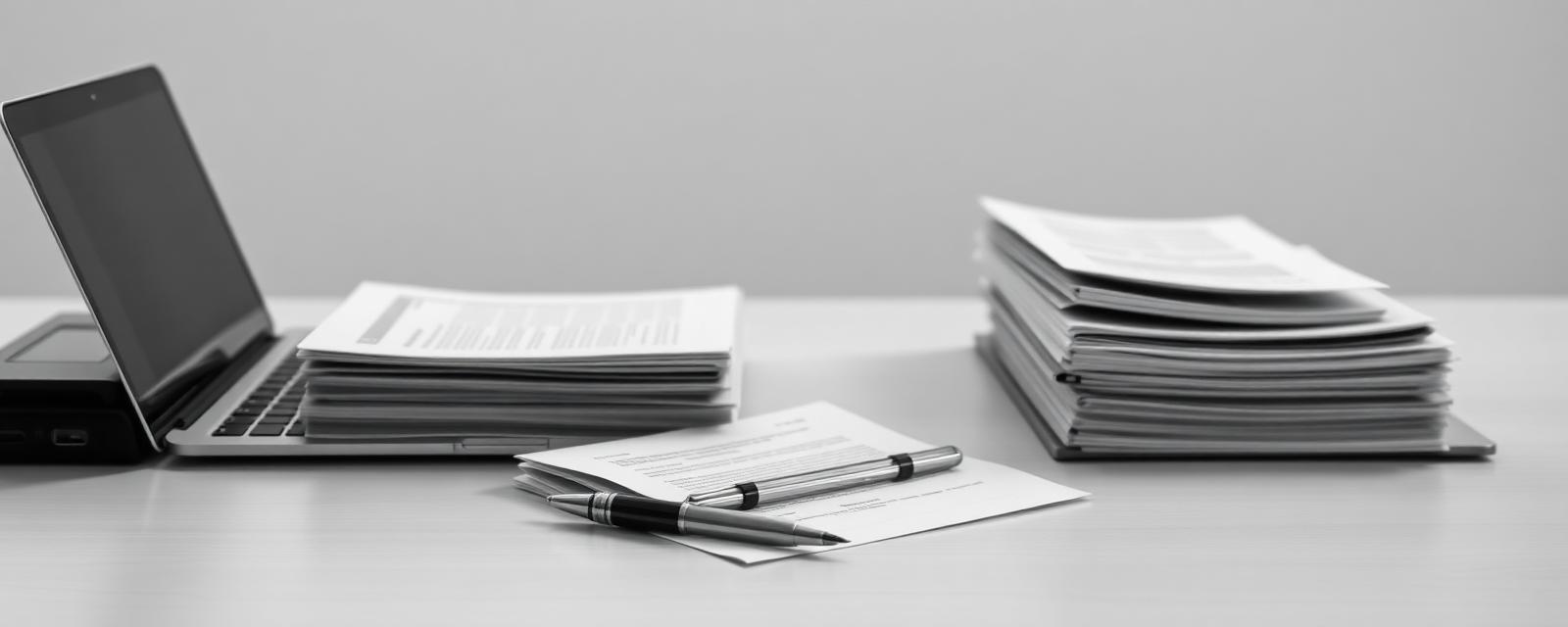 Stacked printed reports on an editorial desk